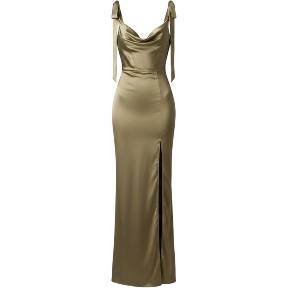 Vow'd Fern Moss and‎ Sand Satin Cowl Neck Maxi Dress Tie Shoulder Slit Size S